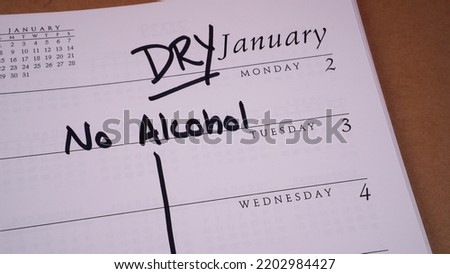 Calendar marked to indicate that January is Dry January - a month to stay sober and alcohol-free.	                               Royalty-Free Stock Photo #2202984427