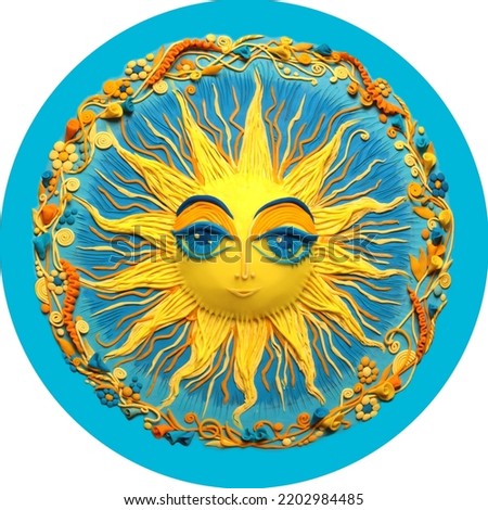 Yellow-blue sun made of plasticine, decorative, embossed