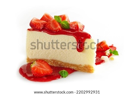 a slice of strawberry chesee cake with strawberry jam and slices of fresh strawberry isolated in white background Royalty-Free Stock Photo #2202992931