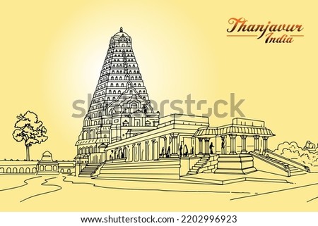 Temple of Tanjore is by far the grandest Chola temple in India vector illustration hand drawing South India Royalty-Free Stock Photo #2202996923