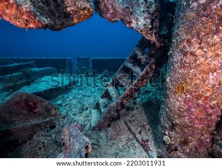 A staircase on the deck of the Thistlegorm ship wreck underwater Royalty-Free Stock Photo #2203011931
