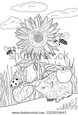 Design for coloring book. Blooming sunflower with bees. Cute hedgehog with an apple on his back. Cartoon flat vector illustration. Forest, animal life