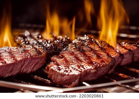 Grilled meat steak on stainless grill depot with flames on dark background. Food and cuisine concept. Royalty-Free Stock Photo #2203020861