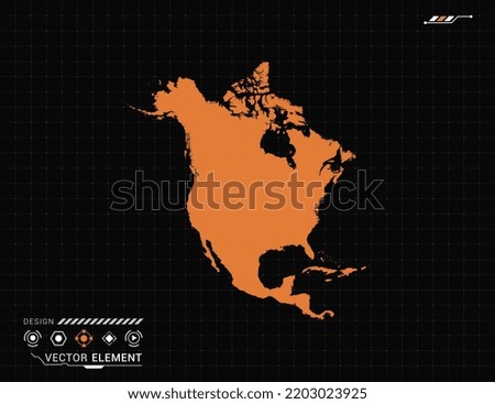 North America map of orange digital frame HUD, GUI, UI interface technology radar vector.