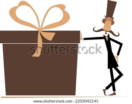 Mustache man in the top hat with and huge present box with ribbon. 
Long mustache gentleman in the top hat celebrating birthday or important event. Isolated on white background
