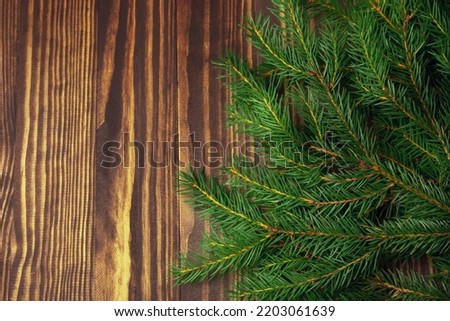 branches of spruce and pine on a wooden brown background with a place for the text mockup, the concept of the new year