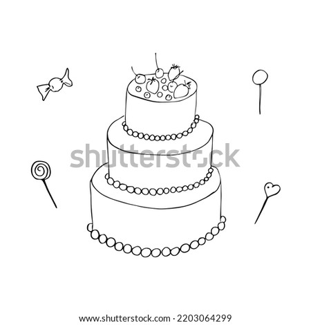vector drawing in doodle style cake. simple line drawing of pastry, cake. black and white illustration