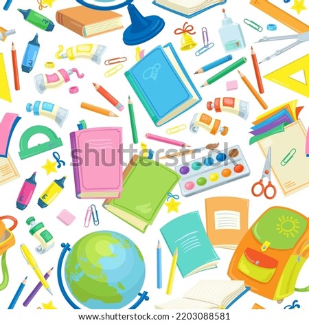 Seamless pattern of school supplies. Items for children's education. Template for decorative paper or wallpaper. In cartoon style. Isolated on white background. Vector illustration