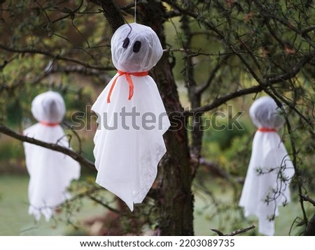 Halloween decoration, white ghosts hanging on tree, autumn halloween concept
