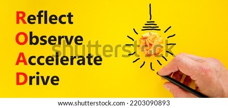 ROAD reflect observe accelerate drive symbol. Concept words ROAD reflect observe accelerate drive on beautiful yellow background. Business ROAD reflect observe accelerate drive concept. Copy space.