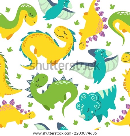 Bright vector seamless pattern. Cute dinosaurs. Pattern for baby clothes, textiles, diapers and fabrics.