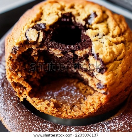 eaten muffin with chocolate, close-up photo