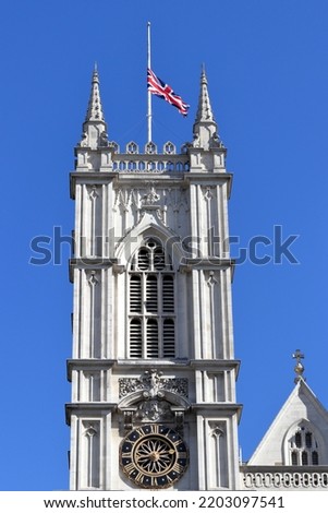 The Union Flag flying half-mast on the Westminster Abbey in London, UK