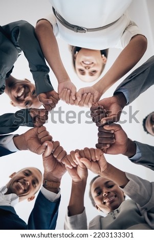 Team building, community and fist or hands for support, trust and teamwork for networking, collaboration and trust. Business people, diversity and employee with motivation, vision and global success. Royalty-Free Stock Photo #2203133301