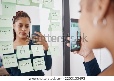 Woman entrepreneur with mirror selfie and sticky note for business planning with a sad, confused face. Startup girl with problem, anxiety or project fail and stress for future budget or finance debt