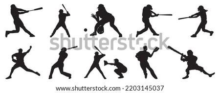 Set of Baseball player silhouette vector illustrations,Baseball player detailed silhouettes