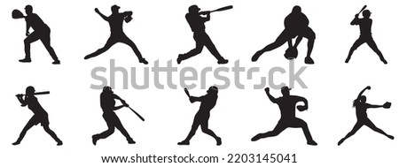 Set of Baseball player silhouette vector illustrations,Baseball player detailed silhouettes