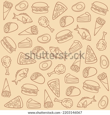 Fast food seamless pattern with vector line icons of hamburger, pizza, hot dog, beverage, cheeseburger. Restaurant menu background.