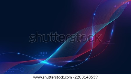 Abstract technology digital futuristic blue and red flowing dynamic wave lines with lighting effect and arrow geometric elements decoration on dark background. Vector illustration