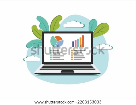 Web analytic information on Laptop screen flat icon. trend graphs report concept. statistic charts for planning and accounting, analysis, audit, management, marketing, research vector illustration.