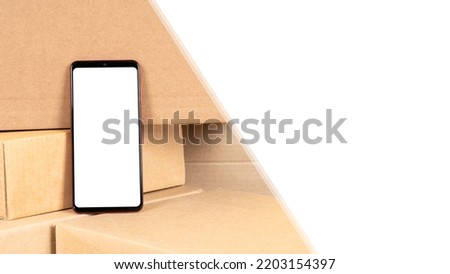 Phone white screen. Parcel delivery metaphor. Advertising banner for courier delivery. Phone blank display on boxes. Smartphone and copy space. Place for courier website. Courier template.