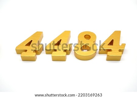   Number 4484 is made of gold-painted teak, 1 centimeter thick, placed on a white background to visualize it in 3D.                                 