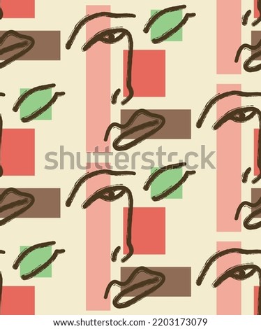 Abstract Hand Drawing Woman Face Silhouette with Geometric Squares Seamless Vector Pattern Isolated Background 