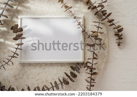 top view blank white photo frame mockup with eucalyptus brancch at peach wall