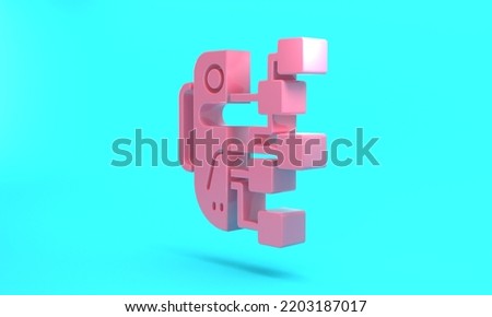 Pink Humanoid robot icon isolated on turquoise blue background. Artificial intelligence, machine learning, cloud computing. Minimalism concept. 3D render illustration.