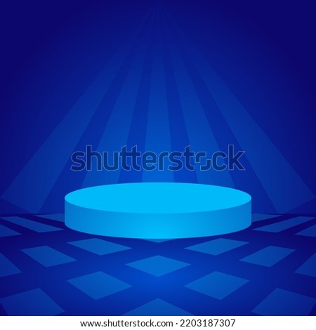 3d showroom place. Blue studio background with round shape podium display, blank product stand vector.