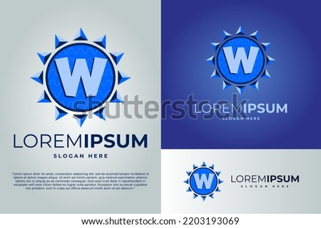 letter W and Sun with waves Logo design vector illustration template. badge logo. Sun logo design template. badge logo