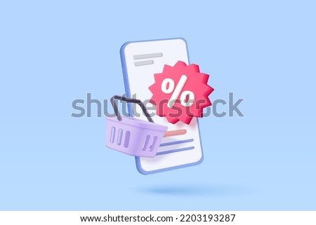 3d mobile phone with price tags icon for selling online shopping. Basket 3d with promotion tag discount coupon of cash, special offer promotion. 3d price tag selling icon vector render illustration