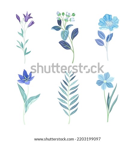 Blue Floral Twigs with Leaf and Floret on Curved Stem as Fresh Garden Botany Vector Set