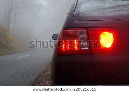 the back car light, rear fog and brake lights on the car on the early foggy. morning. bad conditions for driving Royalty-Free Stock Photo #2203216315