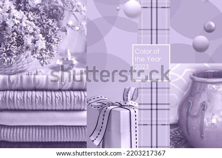 Collage of photos in trendy colour of the year 2023 digital lavender. Wool fabric, flowers of lilac in basket, gift box, abstract texture. Color concept. Text Color of the year 2023 Digital Lavender Royalty-Free Stock Photo #2203217367