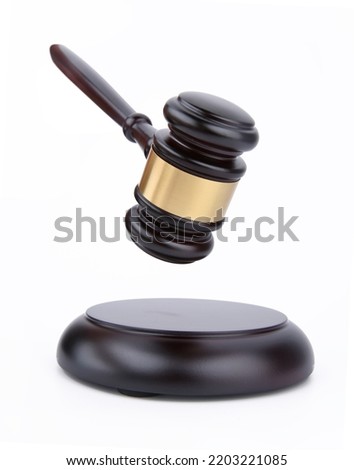 Wooden judge gavel and soundboard isolated on a white background. Justice of law system conceptual. Royalty-Free Stock Photo #2203221085