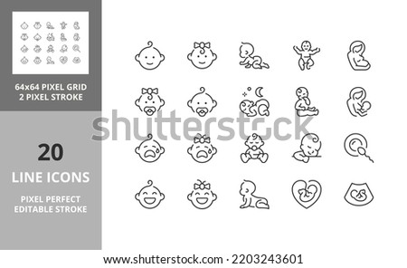 Babies, motherhood and lactation thin line icon set. Outline symbol collection. Editable vector stroke. 64 and 256 Pixel Perfect scalable to 128px Royalty-Free Stock Photo #2203243601