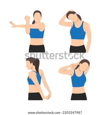 Woman stretching her neck, arms and shoulders. hand. Flat vector illustration isolated on white background Royalty-Free Stock Photo #2203247987