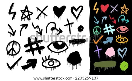 Big collection of graffiti spray pattern. Colorful symbols, smile, hearts, dot and stroke with spray texture. Design elements black and colored for banner, decoration, poster, street art and ads.