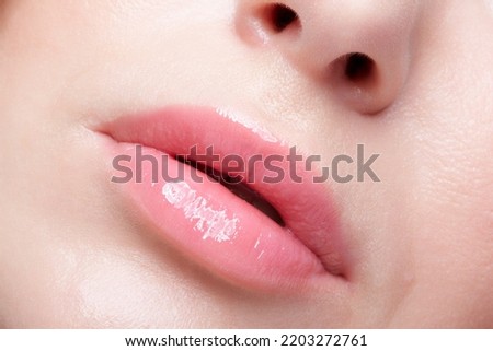 Human mouth and nose. Closeup macro portrait of female part of face. Woman lips with day beauty makeup. Royalty-Free Stock Photo #2203272761