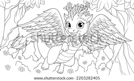 Vector illustration, fabulous funny cute little dragon flying in a fairy forest, book coloring.