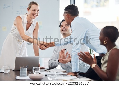 Handshake, team and agreement on business partnership meeting, merger or success on b2b collaboration deal. Thank you, celebration and congratulations on promotion to senior marketing job position Royalty-Free Stock Photo #2203286557