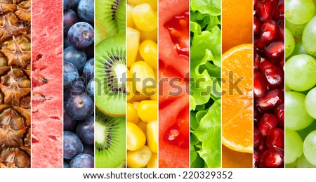 Healthy food background. Collection with different fruits, berries and vegetables Royalty-Free Stock Photo #220329352