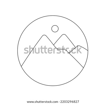 Vector isolated mountain peaks and sun in circle colorless black and white contour line easy drawing