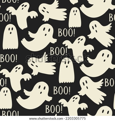 Ghost boo halloween pattern. Halloween kids wallpaper, digital paper. Cartoon flat vector repeat background Royalty-Free Stock Photo #2203305775