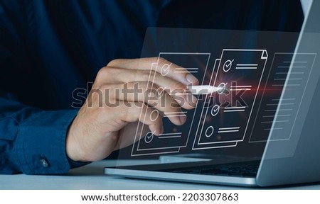 Quick checklist and clipboard task management, filling survey forms online. Document Management System (DMS) and process automation to efficiently manage files, Corporate business technology. Royalty-Free Stock Photo #2203307863