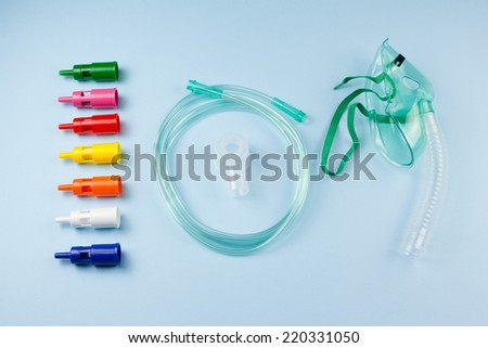 The venturi mask, also known as an air-entrainment mask, is a medical device to deliver a known oxygen concentration to patients on controlled oxygen therapy Royalty-Free Stock Photo #220331050