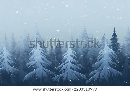 Beautiful watercolor coniferous forest illustration, Christmas fir trees, winter nature, holiday background, conifer, snowfall, outdoor. 3d Illustration