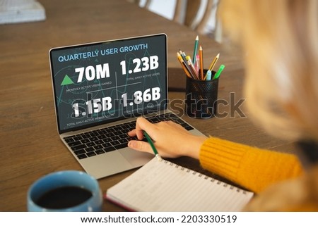 Caucasian businesswoman using laptop with data processing. Global business and data processing concept, digital composite image.