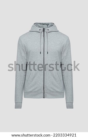 Ghost mannequin. Grey men's Hoodie hoody without human model isolated on white background. Hooded Sweatshirt, Long sleeve with zipper for male. 3d voluminous cloth. Template, mock up